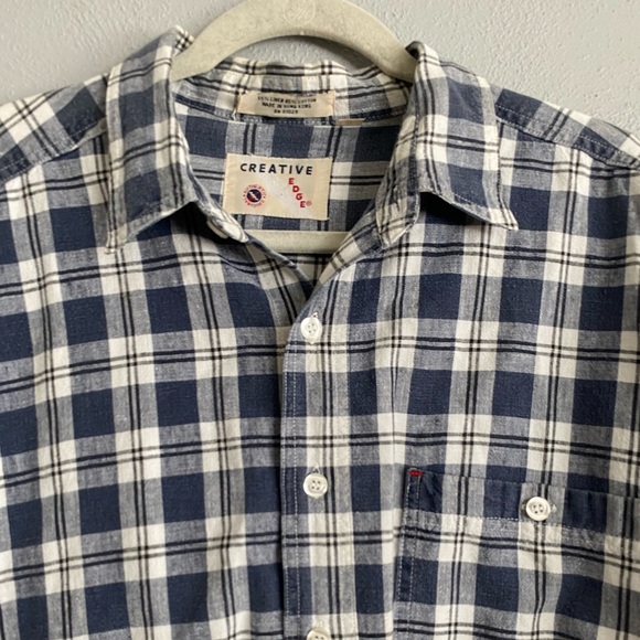 Creative Edge Button Up Men’s Size Large Linen Plaid Blue Short Sleeve Collared - Picture 3 of 7